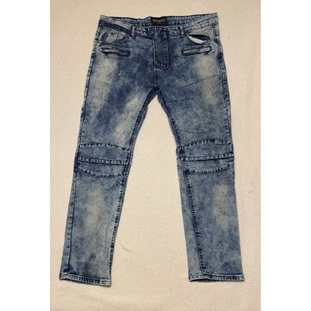 Balmain Mens Biker Jeans Blue Acid Wash Slim Fit Cotton Denim Size 38 Italy